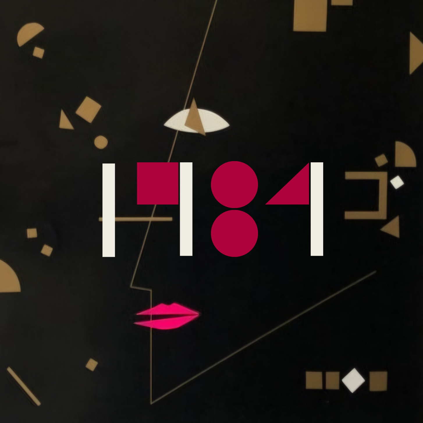 Abstract design with geometric shapes and a face-like figure on a black background. Shapes spelling out 1984